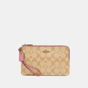 Coach Signature Double Zip Wallet 16109 In Light Khaki Rose