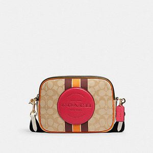 Coach Signature Jacquard Dempsey 1912 Camera Crossbody Bag In Khaki Eletric Pink