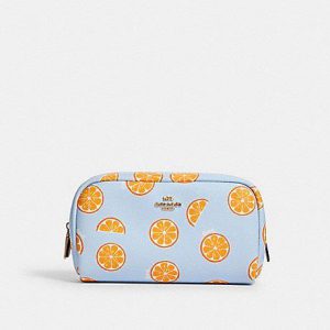 Coach Small Cosmetic Case 2346 With Orange Print In Blue