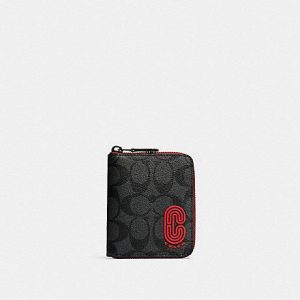Coach Medium Zip Around Wallet in Signature Canvas with Coach Patch 237 (Nickel Black/Sport Red Charcoal)