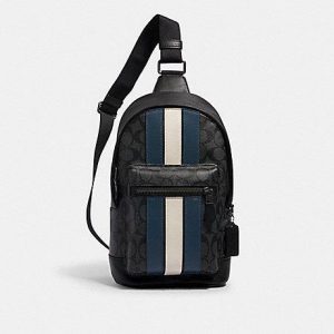 Coach Signature West Pack 2999 With Varsity Stripes In Black Charcoal