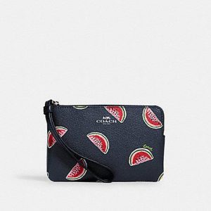 Coach Corner Zip 3282 Wristlet With Watermelon Print In Navy Red Multi