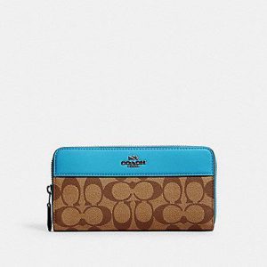 Coach Accordion Zip Wallet In Signature Canvas 76873 (SV/Khaki/Aqua)