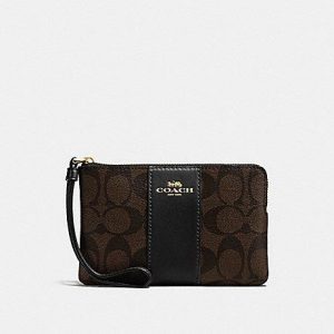 COACH CORNER ZIP WRISTLET IN SIGNATURE COATED CANVAS WITH LEATHER STRIPE F58035 (IMITATION GOLD/BROWN/BLACK)