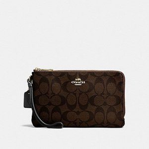 Coach Signature Double Zip Wallet F16109 In Brown Black