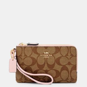 Coach Signature Double Zip Wristlet 87591 In Khaki Blossom