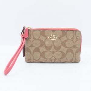 Coach Signature Double Zip Wristlet 87591 In Khaki Poppy