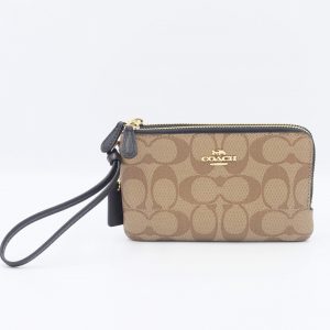 Coach Double Corner Zip Wristlet In Signature Canvas F87591 (Khaki/Black/Imitation Gold)