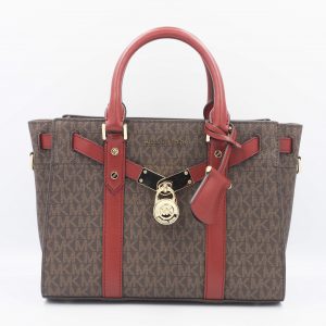 (AS IS) Michael Kors Nouveau Hamilton Small Logo and Leather Satchel 30F9G0HS1B In Brandy