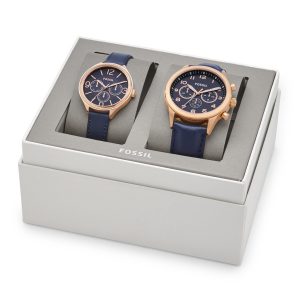 (PRE-ORDER) HIS CHRONOGRAPH AND HER MULTIFUNCTION NAVY LEATHER WATCH GIFT SET BQ2186SET